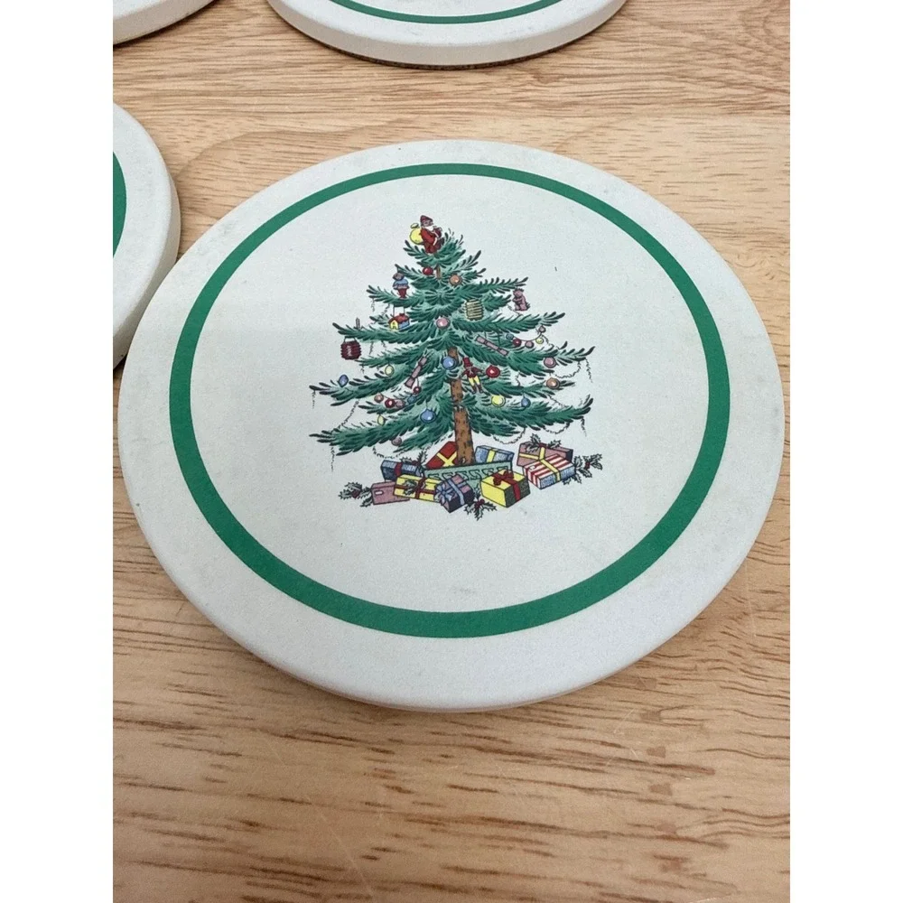 Spode Christmas Tree Spoon Rest/ 8 Cork Backed Coasters Set Holiday Kitchen #68